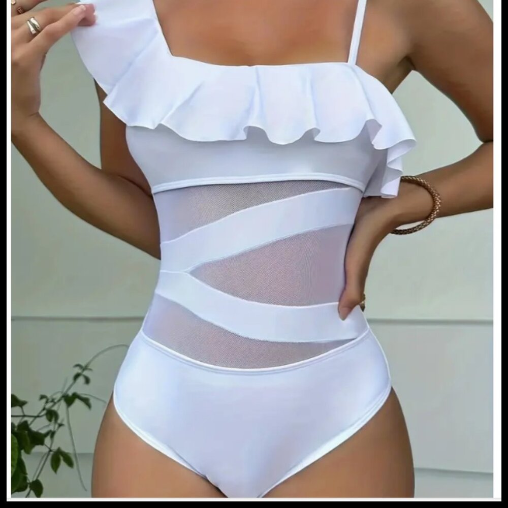 One-piece Women's Mesh Ruffle Asymmetric Swimsuit